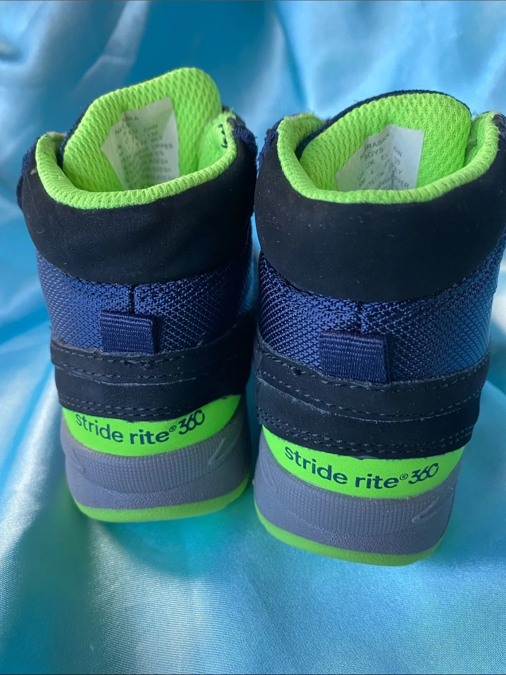 Stride Rite Nebraska Navy Blue and Neon Green Boots